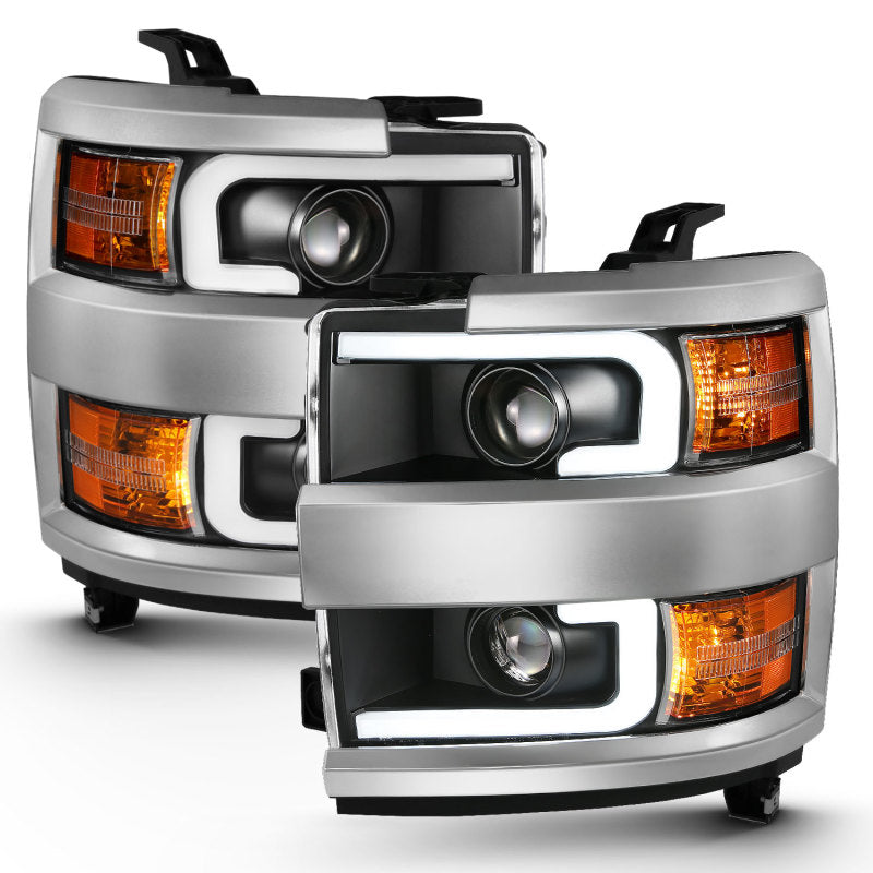 ANZO 2015-2016 Chevrolet Silverado Projector Headlights w/ Plank Style Design Black w/ Amber 111359