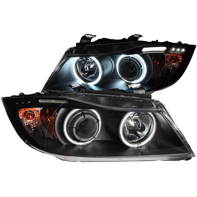 ANZO 2006-2008 BMW 3 Series E90-E91 Projector Headlights w/ Halo w/ LED Bar Black (CCFL) 121335