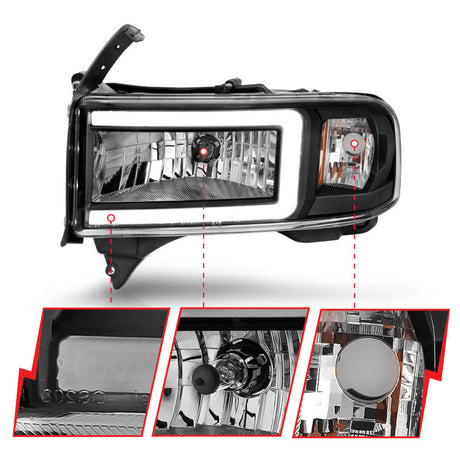 ANZO 94-02 Dodge RAM Crystal Headlight - w/ Light Bar Black Housing 111554