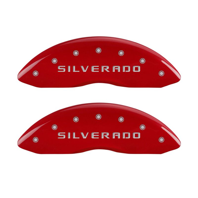 MGP Front set 2 Caliper Covers Engraved Front Silverado Red finish silver ch 14207FSILRD