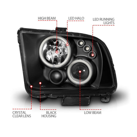 ANZO 2005-2009 Ford Mustang Projector Headlights w/ Halo Black 121166