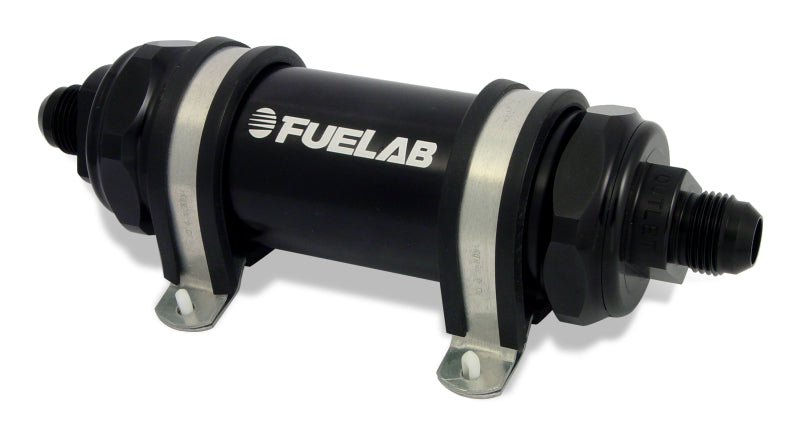 Fuelab 828 In-Line Fuel Filter Long -8AN In/Out 10 Micron Fabric - Black 82802-1