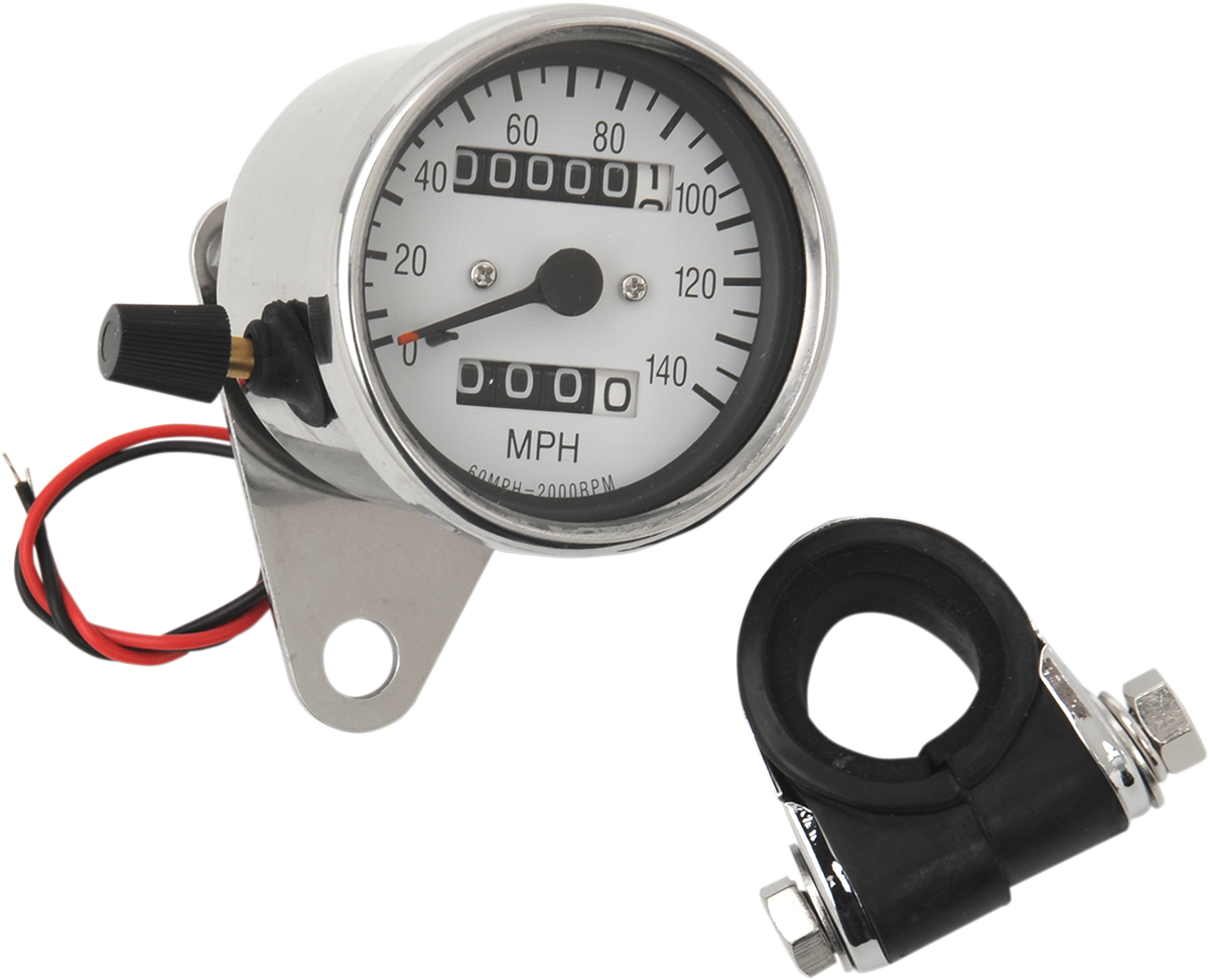 DRAG SPECIALTIES 2.4" MPH Mini LED Mechanical Speedometer/Indicators/Trip - Chrome Housing - White Face - 2:1 21-6835-BX15