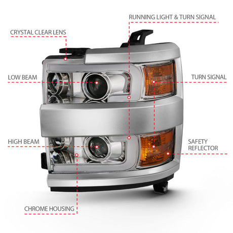 ANZO 2015-2016 Chevrolet Silverado Projector Headlights w/ Plank Style Design Chrome w/ Amber 111360