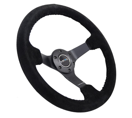 NRG Reinforced Steering Wheel (350mm / 3in. Deep) Blk Suede/Blk Bball Stitch w/5mm Matte Black Spoke RST-036MB-S-BK