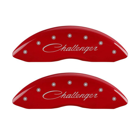 MGP 4 Caliper Covers Engraved Front Cursive/Challenger Engraved Rear RT Red finish silver ch 12001SCLRRD