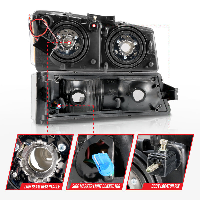 ANZO 2003-2006 Chevrolet Silverado 1500 Crystal Headlights w/ Light Bar Black Housing 111501