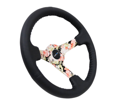NRG Reinforced Steering Wheel (350mm / 3in. Deep) Blk Leather Floral Dipped w/ Blk Baseball Stitch RST-036FL-R