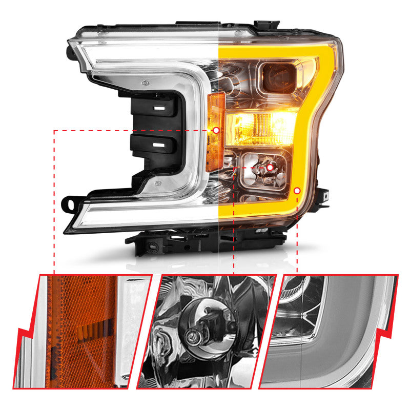 ANZO 2018-2020 Ford F-150 Projector Headlight w/Plank Style Switchback Chrome Housing 111510
