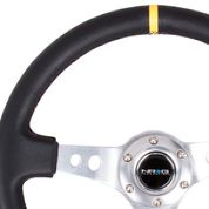 NRG Reinforced Steering Wheel (350mm / 3in. Deep) Blk Leather w/Circle Cut Spokes & Single Yellow CM RST-006SL-Y