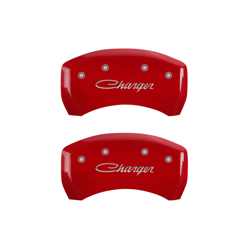 MGP 4 Caliper Covers Engraved Front & Rear Cursive/Charger Red finish silver ch 12181SCHSRD