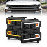 ANZO 19-22 Chevrolet Silverado 1500 LED Proj HL w/Lgt Bar SwBk Seq. Blk w/In. Light - Driver Side ON 111566-L