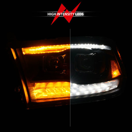 ANZO 09-18 Dodge Ram 1500/2500/3500 Proj HL Headlights Switchback + Sequential - Black Amber 111611