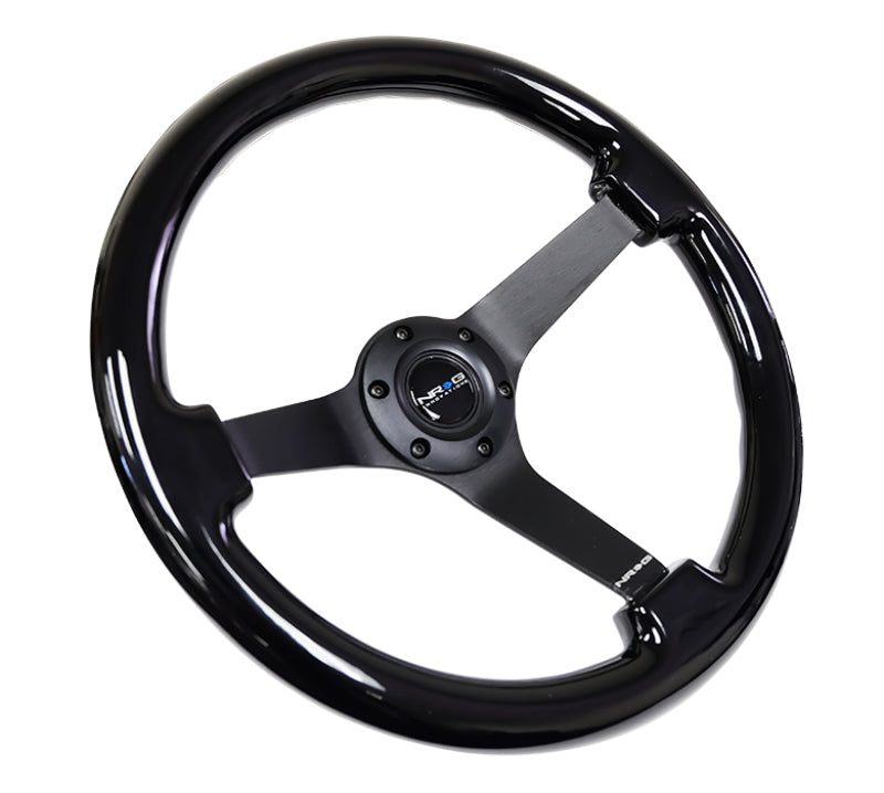 NRG Reinforced Steering Wheel (350mm / 3in. Deep) Black w/Black Chrome Solid 3-Spoke Center RST-036BK-BK