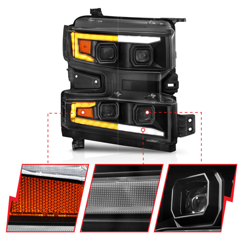 ANZO 19-22 Chevrolet Silverado 1500 LED Proj HL w/Lgt Bar SwBk Seq. Blk w/In. Light - Passenger Side 111566-R