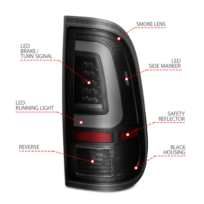 ANZO 2008-2016 Ford  F-250  LED Tail w/ Lights Bar Black Housing Smoke Lens 311379