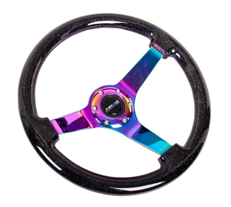 NRG Reinforced Steering Wheel (350mm / 3in. Deep) Classic Blk Sparkle w/4mm Neochrome 3-Spoke Center RST-036BSB-MC