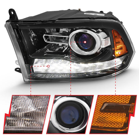 ANZO 2009-2018 Dodge Ram 1500 Projector Plank Style Switchback H.L Halo Black Amber (OE Style) 111439
