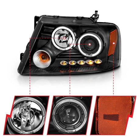 ANZO 2004-2008 Ford F-150 Projector Headlights w/ Halo and LED Black G2 111204