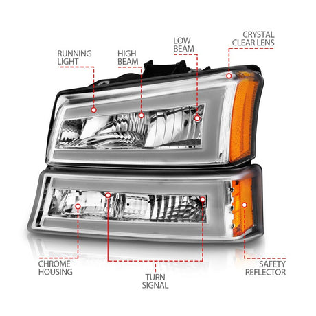 ANZO 2003-2006 Chevrolet Silverado 1500 Crystal Headlights w/ Light Bar Chrome Housing 111502