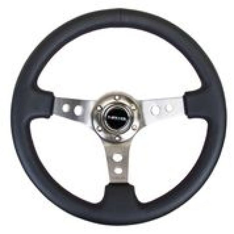 NRG Reinforced Steering Wheel (350mm / 3in. Deep) Blk Leather w/Gunmetal Circle Cutout Spokes RST-006GM