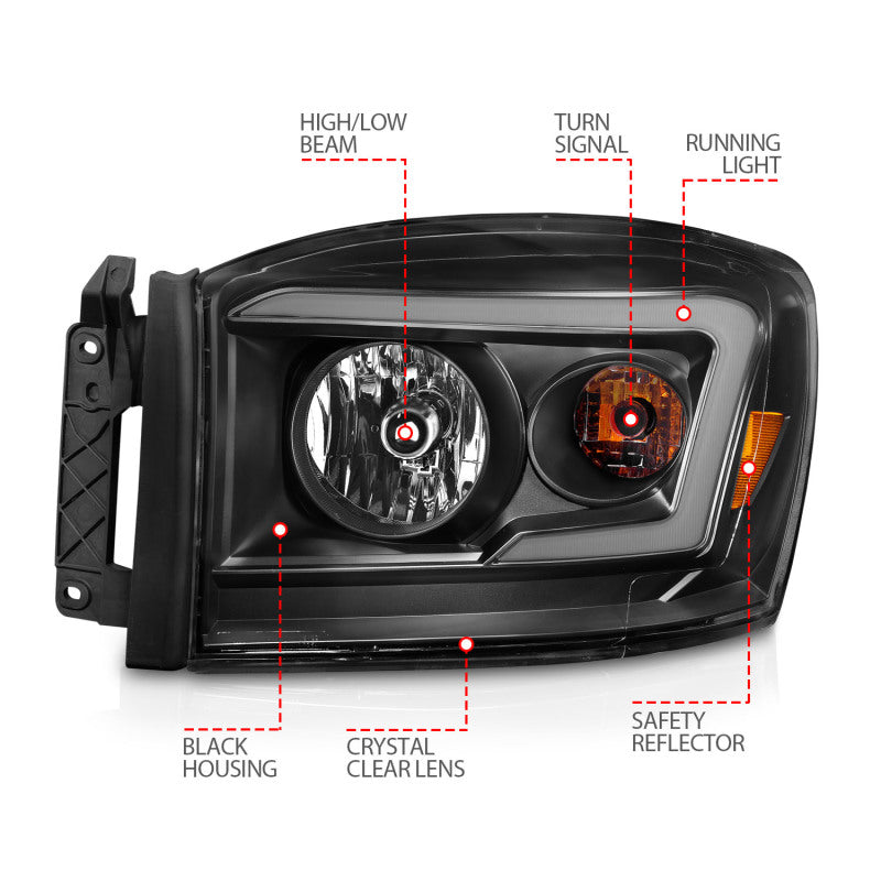 Anzo 06-09 Dodge RAM 1500/2500/3500 Headlights Black Housing/Clear Lens (w/ Light Bars) 111524