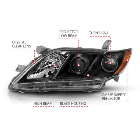 ANZO 2007-2009 Toyota Camry Projector Headlight Black Amber 121539