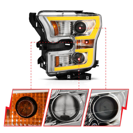 ANZO 2015-2017 Ford F-150 Projector Headlights w/ Plank Style Switchback Chrome w/ Amber 111358