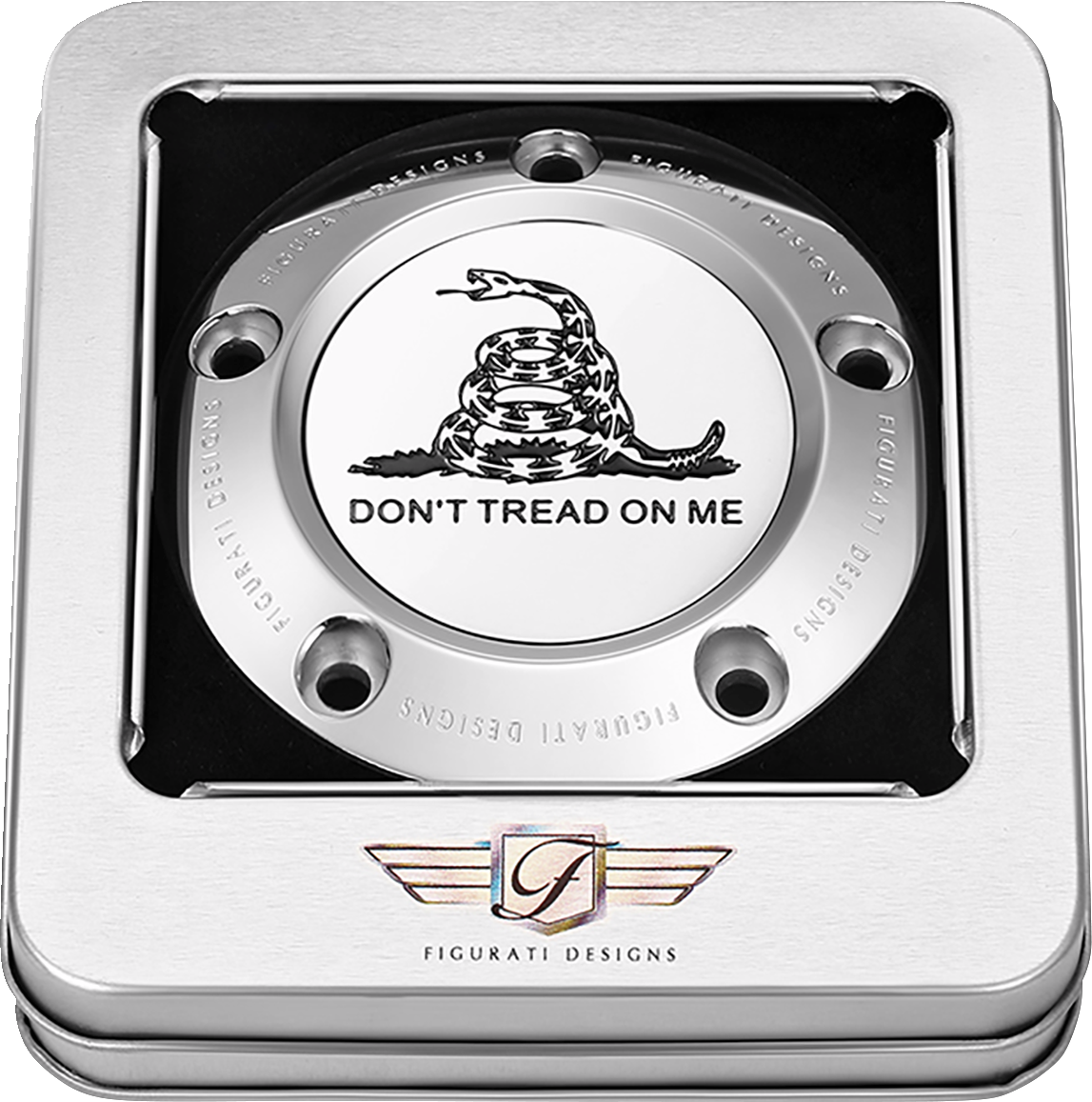 FIGURATI DESIGNS Timing Cover - 5 Hole - Don't Tread on Me - Stainless Steel FD40-TC-5H-SS