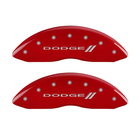 MGP 4 Caliper Covers Engraved Front & Rear With stripes/Dodge Red finish silver ch 12181SDD3RD