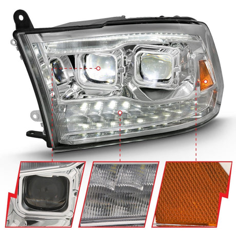 ANZO 2009-2018 Dodge Ram 1500 Led Projector Plank Style Switchback H.L Halo Chrome Amber (OE Style) 111465