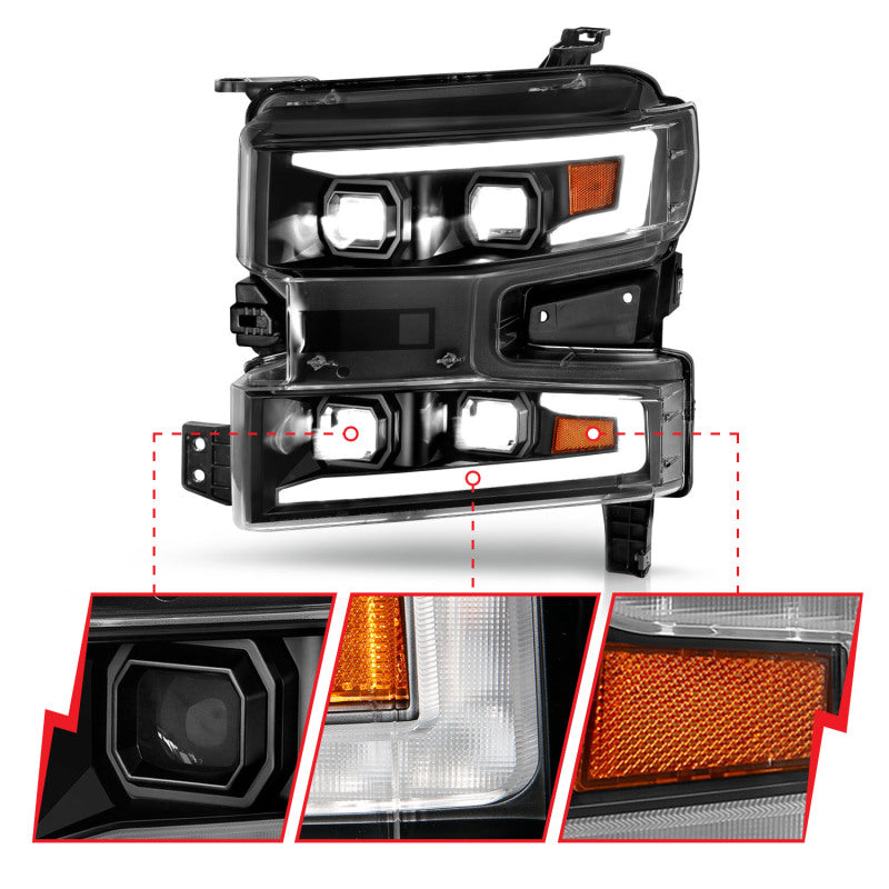 ANZO 19-22 Chevrolet Silverado 1500 LED Proj HL w/Lgt Bar SwBk Seq. Blk w/In. Light - Passenger Side 111566-R