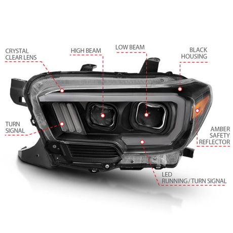 ANZO 2016-2017 Toyota Tacoma Projector Headlights w/ Plank Style Switchback Black w/ Amber 111396