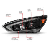 ANZO 15-18 Ford Focus Projector Headlights - w/ Light Bar Switchback Black Housing 121564