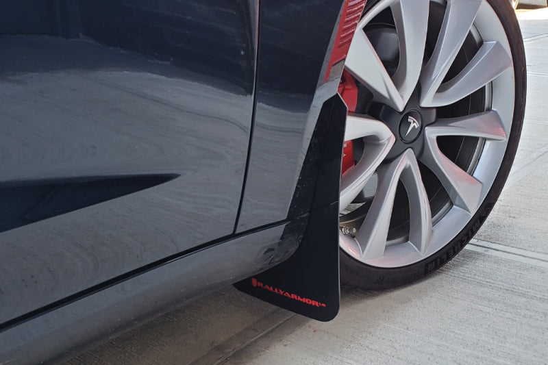 Rally Armor 17+ Tesla Model 3 UR Black Mud Flap w/ White Logo MF62-UR-BLK/WH
