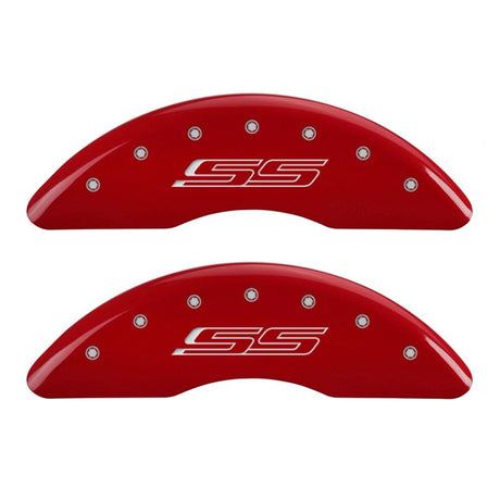 MGP 4 Caliper Covers Engraved Front & Rear Gen 5/SS Red finish silver ch 14241SSS5RD