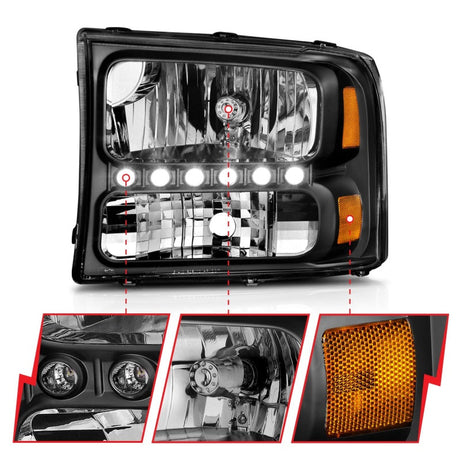 ANZO 2000-2004 Ford Excursion Crystal Headlights Black w/ LED 1pc 111106