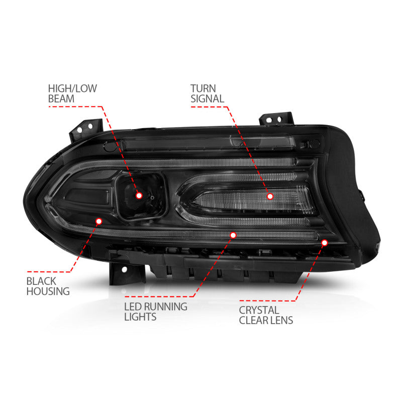 ANZO 2015-2018 Dodge Charger Projector Headlights Plank Style Black 121559