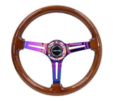 NRG Reinforced Steering Wheel (350mm / 3in. Deep) Brown Wood w/Blk Matte Spoke/Neochrome Center Mark RST-018BR-MC