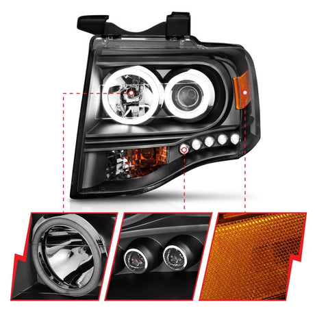 ANZO 2007-2014 Ford Expedition Projector Headlights w/ Halo Black 111113