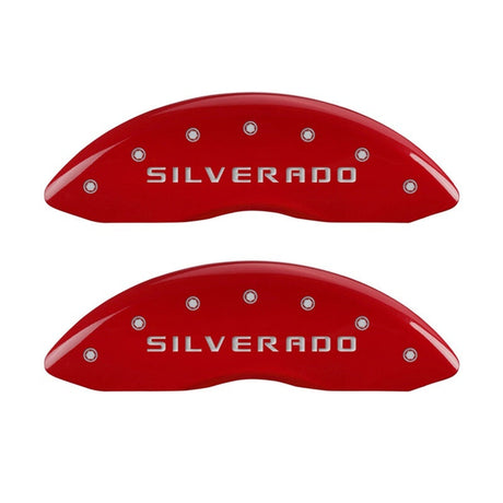 MGP Front set 2 Caliper Covers Engraved Front Silverado Red finish silver ch 14207FSILRD