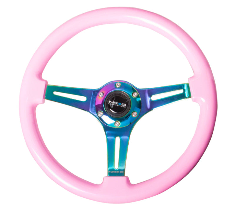 NRG Classic Wood Grain Steering Wheel (350mm) Solid Pink Painted Grip w/Neochrome 3-Spoke Center ST-015MC-PK