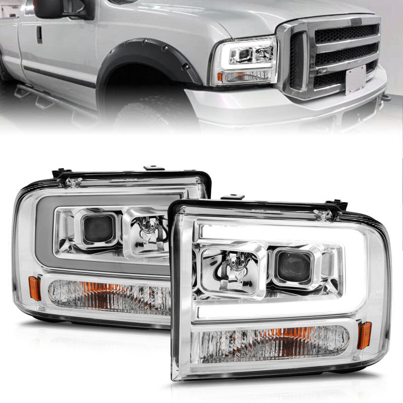 ANZO 99-04 Ford F250/F350/F450/Excursion (excl 99) Projector Headlights - w/Light Bar Chrome Housing 111552