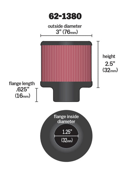 K&N 1.25in Flange ID x 3in OD x 2.5 inch H Rubber Base Crankcase Vent Filter 62-1380