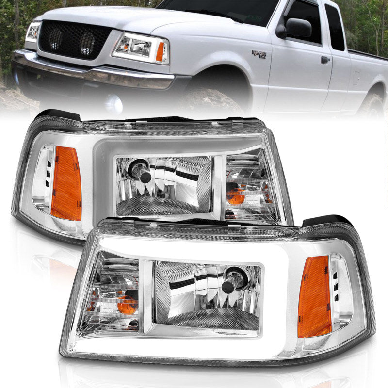 ANZO 2001-2011 Ford Ranger Crystal Headlights w/ Light Bar Chrome Housing 111512