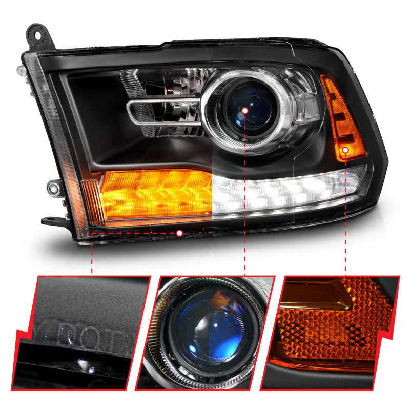 ANZO 09-18 Dodge Ram 1500/2500/3500 LED Plank Style Headlights Switchback + Sequential - Matte Black 111609
