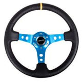 NRG Reinforced Steering Wheel (350mm / 3in. Deep) Blk Leather w/Blue Circle Cutout Spokes RST-006BL