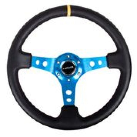 NRG Reinforced Steering Wheel (350mm / 3in. Deep) Blk Leather w/Blue Circle Cutout Spokes RST-006BL