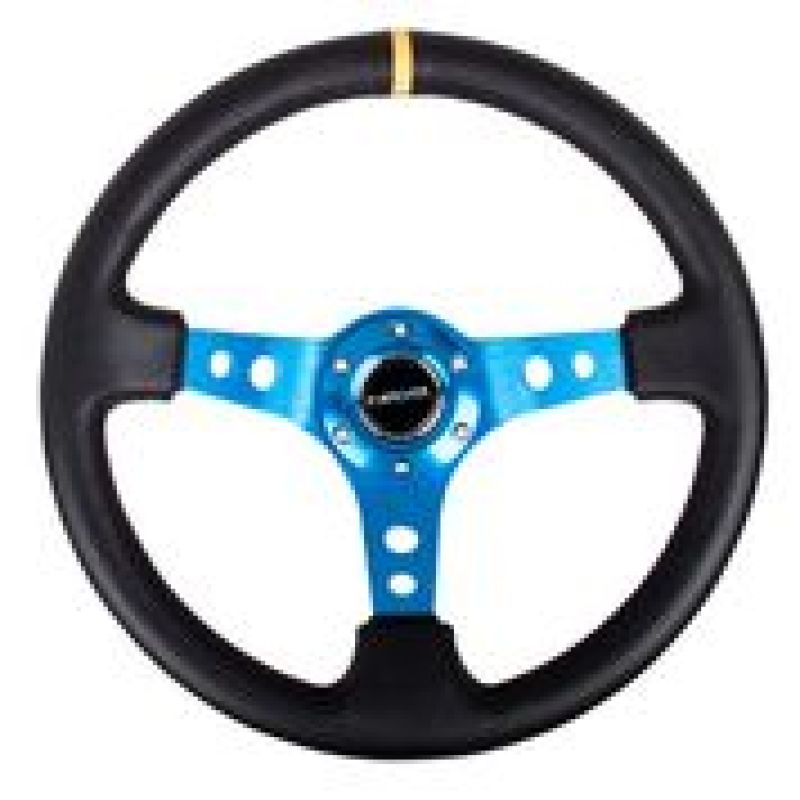 NRG Reinforced Steering Wheel (350mm / 3in. Deep) Blk Leather w/Blue Cutout Spoke & Single Yellow CM RST-006BL-Y