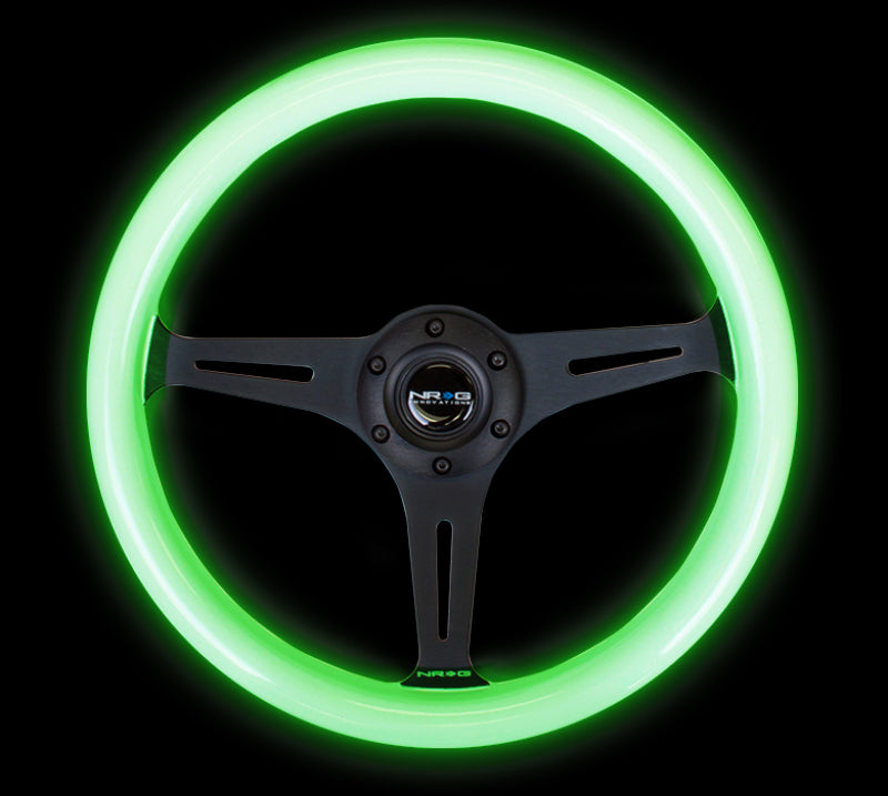 NRG Classic Wood Grain Steering Wheel (350mm) Glow-N-The-Dark Green Grip w/Black 3-Spoke Center ST-015BK-GL